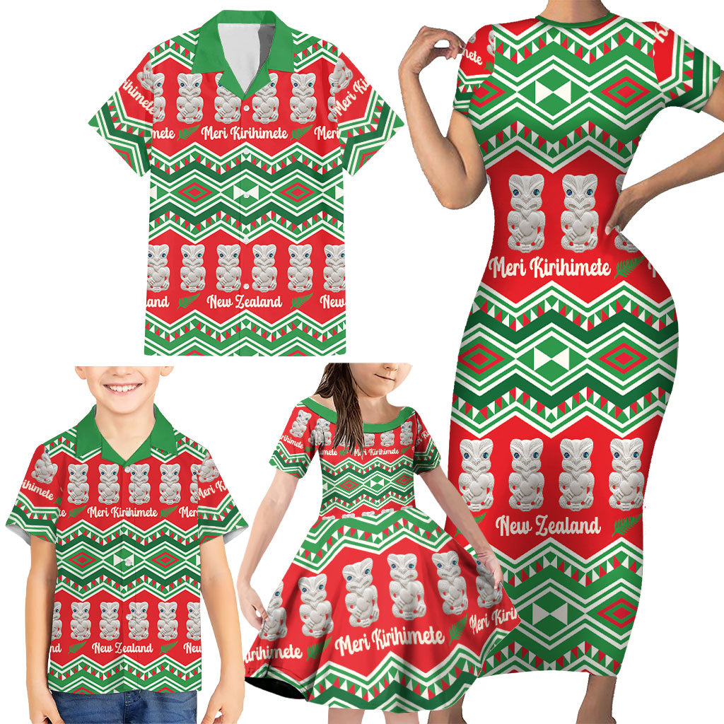 New Zealand Christmas In July Family Matching Short Sleeve Bodycon Dress and Hawaiian Shirt Meri Kirihimete Hei Tiki Taniko Motifs Seamless