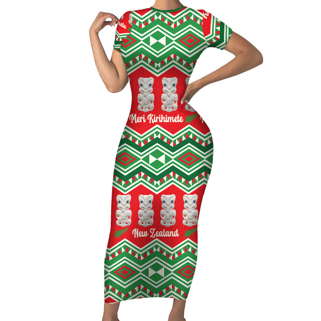 New Zealand Christmas In July Family Matching Short Sleeve Bodycon Dress and Hawaiian Shirt Meri Kirihimete Hei Tiki Taniko Motifs Seamless