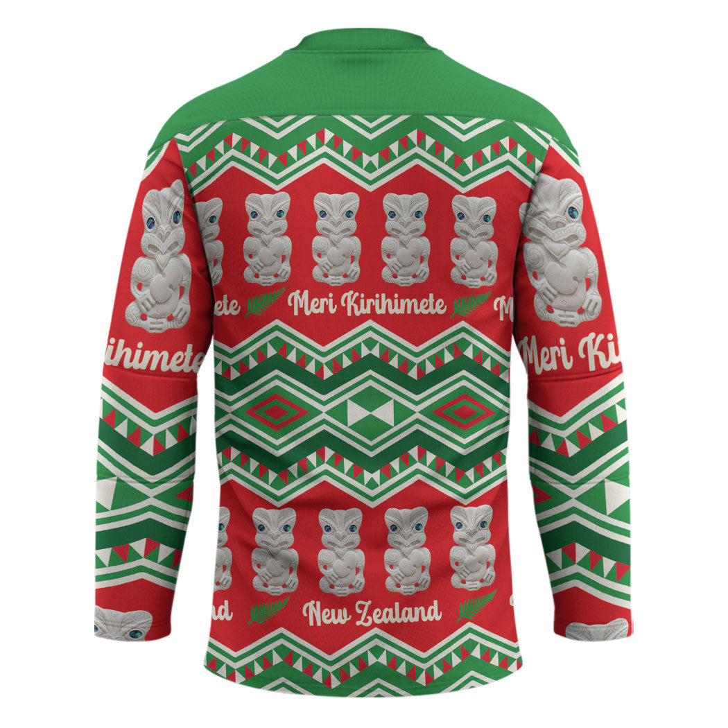 New Zealand Christmas In July Hockey Jersey Meri Kirihimete Hei Tiki Taniko Motifs Seamless