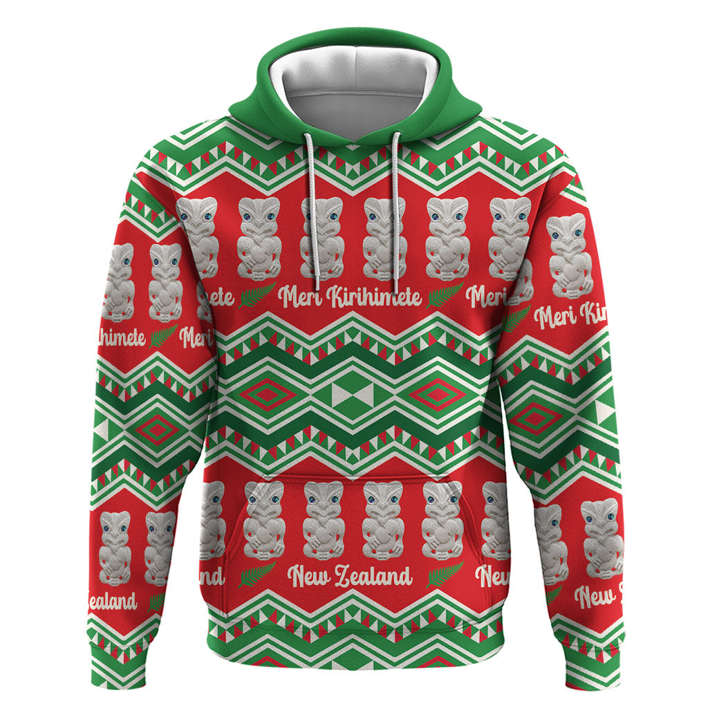 New Zealand Christmas In July Hoodie Meri Kirihimete Hei Tiki Taniko Motifs Seamless LT14 Pullover Hoodie Red - Polynesian Pride