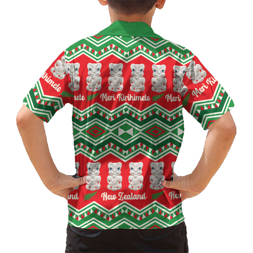 New Zealand Christmas In July Kid Hawaiian Shirt Meri Kirihimete Hei Tiki Taniko Motifs Seamless
