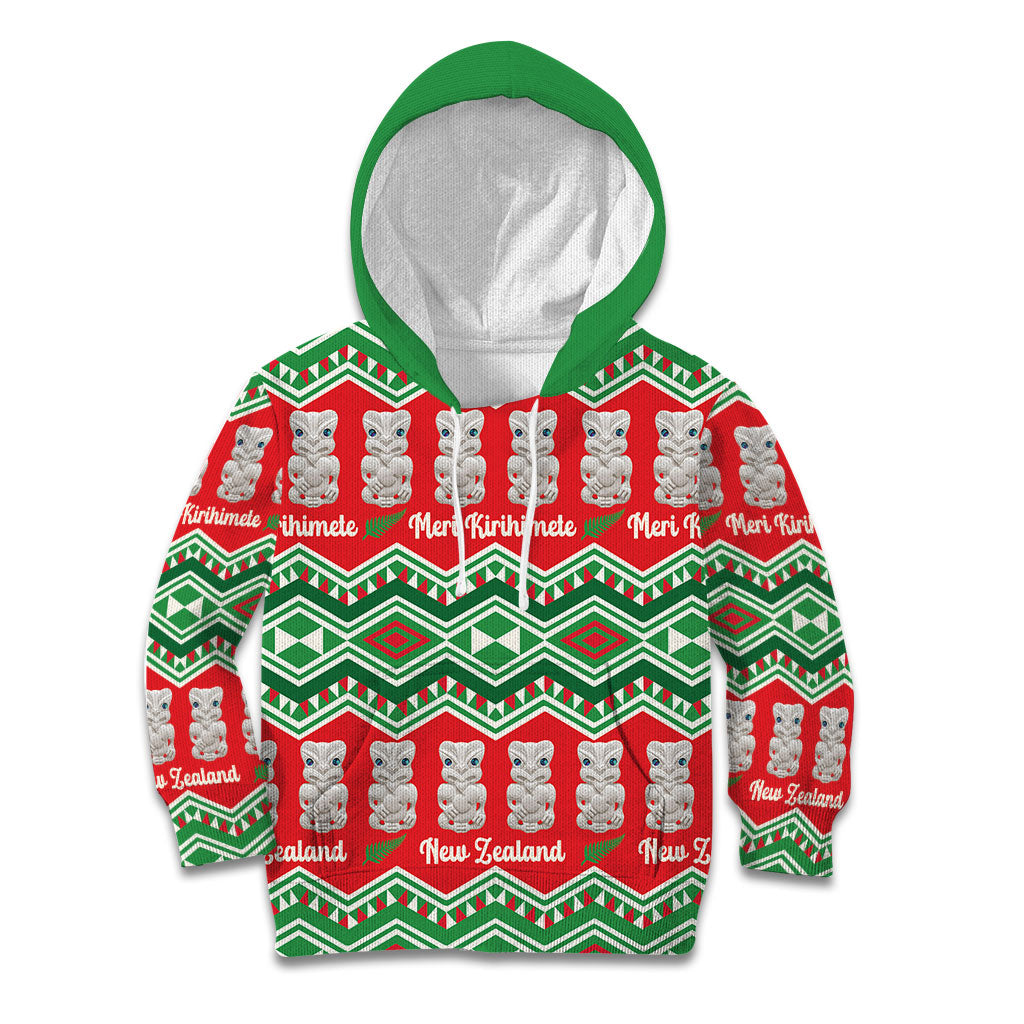 New Zealand Christmas In July Kid Hoodie Meri Kirihimete Hei Tiki Taniko Motifs Seamless LT14 Hoodie Red - Polynesian Pride