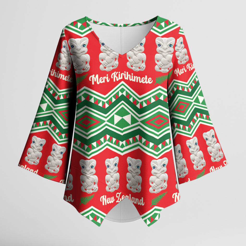 New Zealand Christmas In July Kimono Sleeve Blouse Meri Kirihimete Hei Tiki Taniko Motifs Seamless