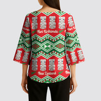 New Zealand Christmas In July Kimono Sleeve Blouse Meri Kirihimete Hei Tiki Taniko Motifs Seamless