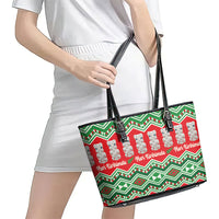 New Zealand Christmas In July Leather Tote Bag Meri Kirihimete Hei Tiki Taniko Motifs Seamless