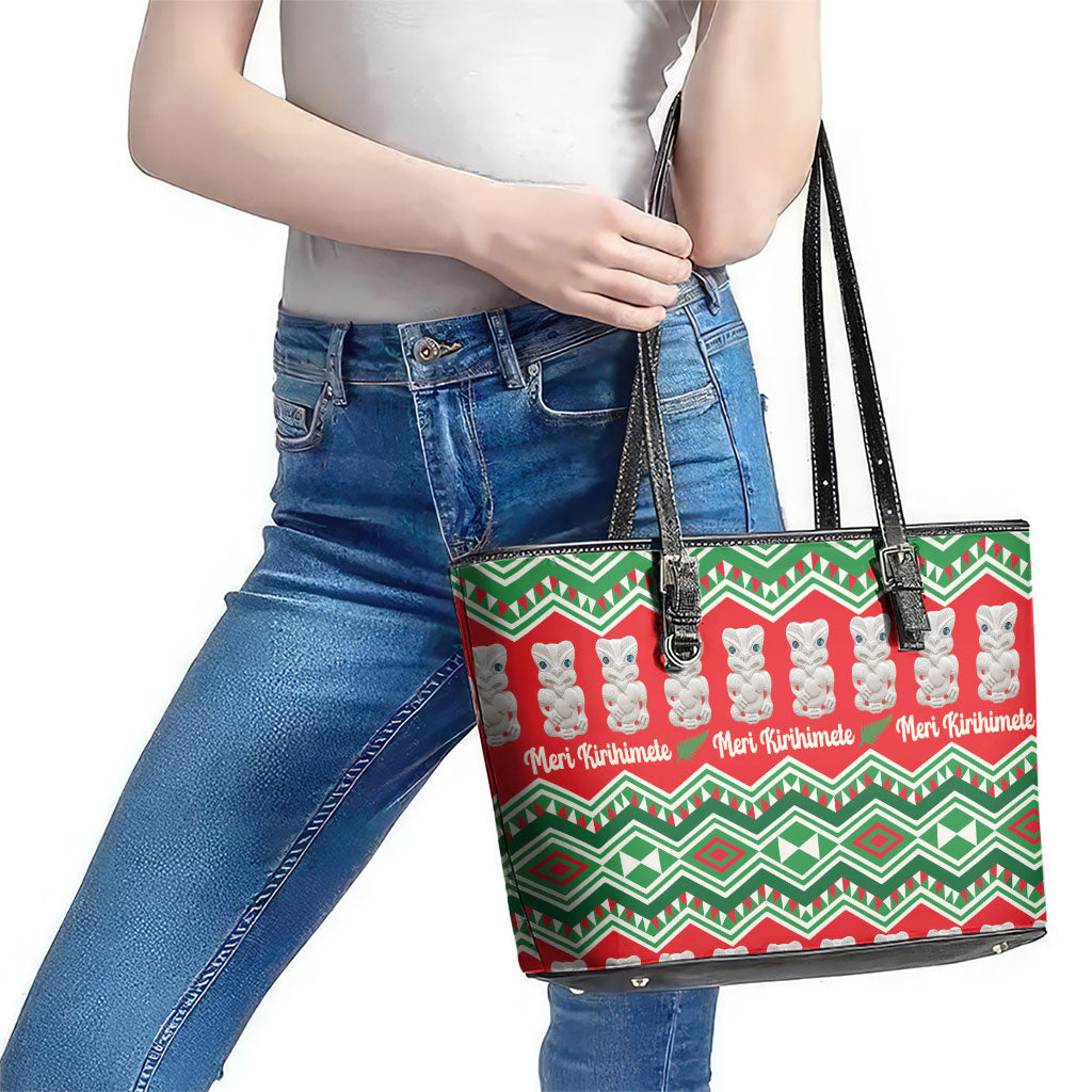 New Zealand Christmas In July Leather Tote Bag Meri Kirihimete Hei Tiki Taniko Motifs Seamless