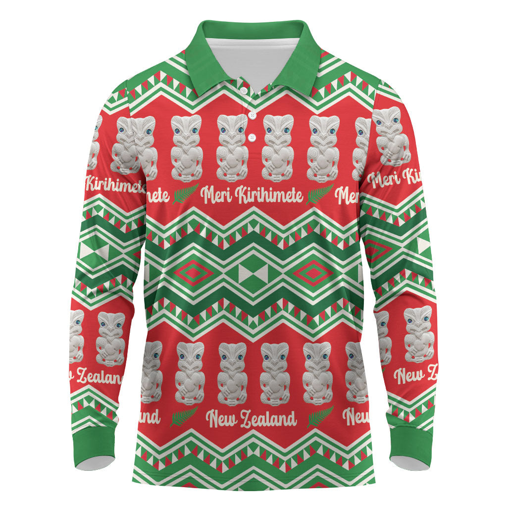 New Zealand Christmas In July Long Sleeve Polo Shirt Meri Kirihimete Hei Tiki Taniko Motifs Seamless LT14 Red - Polynesian Pride
