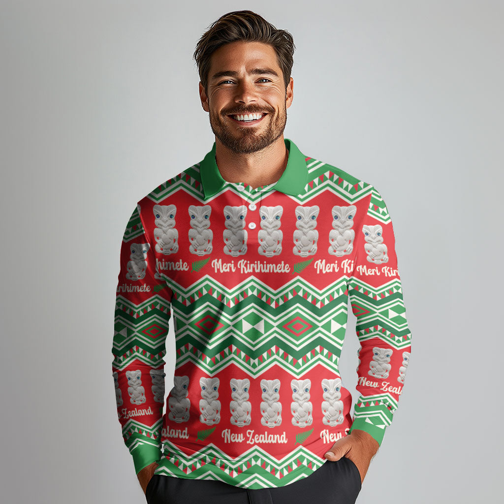 New Zealand Christmas In July Long Sleeve Polo Shirt Meri Kirihimete Hei Tiki Taniko Motifs Seamless
