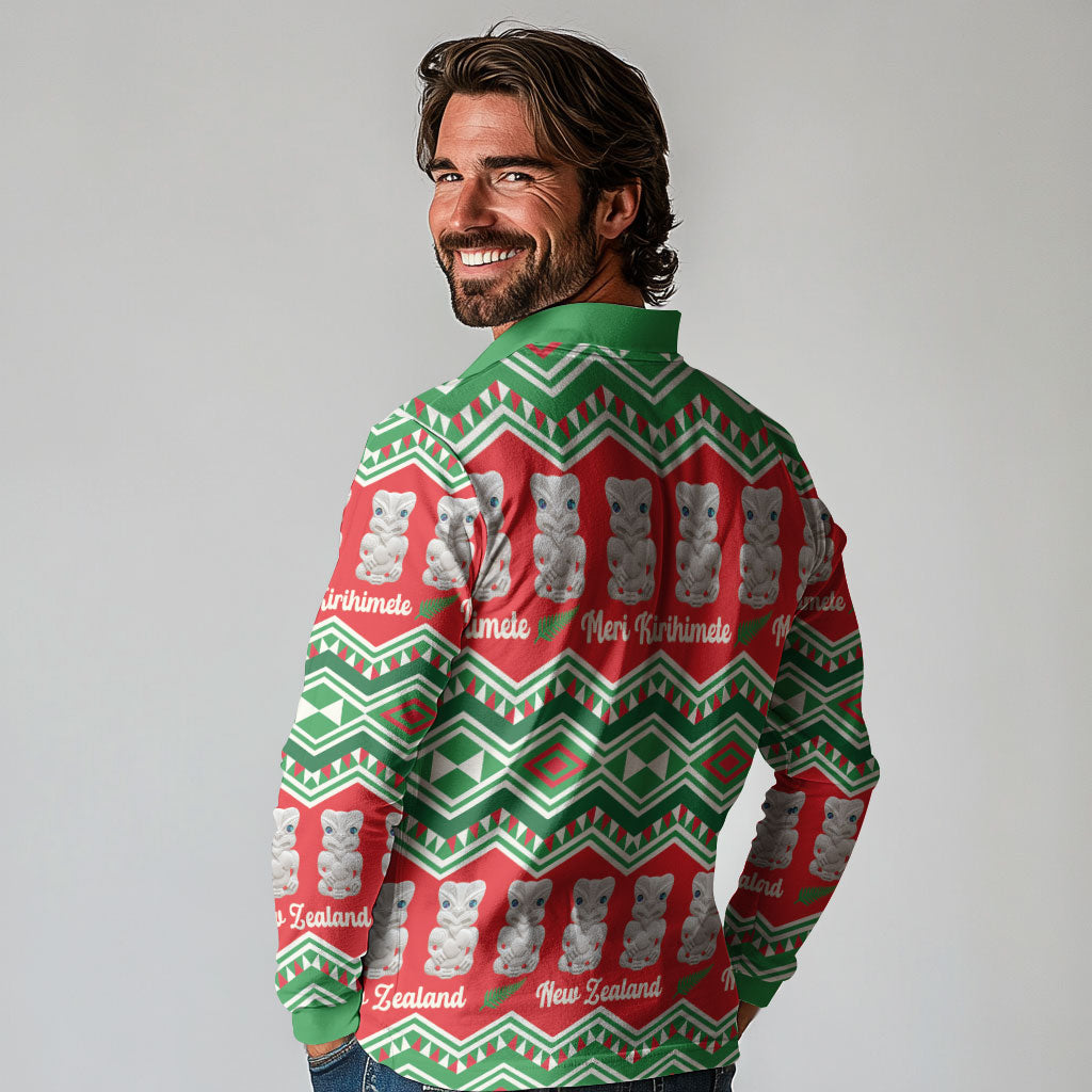 New Zealand Christmas In July Long Sleeve Polo Shirt Meri Kirihimete Hei Tiki Taniko Motifs Seamless