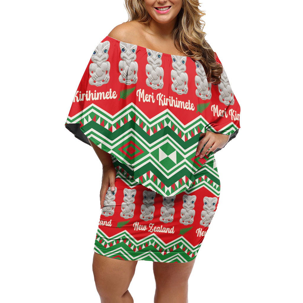 New Zealand Christmas In July Off Shoulder Short Dress Meri Kirihimete Hei Tiki Taniko Motifs Seamless