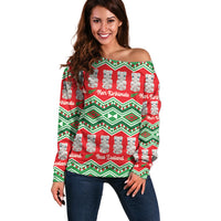 New Zealand Christmas In July Off Shoulder Sweater Meri Kirihimete Hei Tiki Taniko Motifs Seamless
