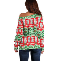 New Zealand Christmas In July Off Shoulder Sweater Meri Kirihimete Hei Tiki Taniko Motifs Seamless