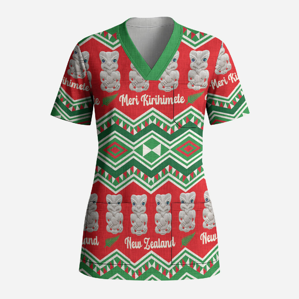 New Zealand Christmas In July Scrub Top Meri Kirihimete Hei Tiki Taniko Motifs Seamless