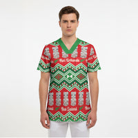 New Zealand Christmas In July Scrub Top Meri Kirihimete Hei Tiki Taniko Motifs Seamless