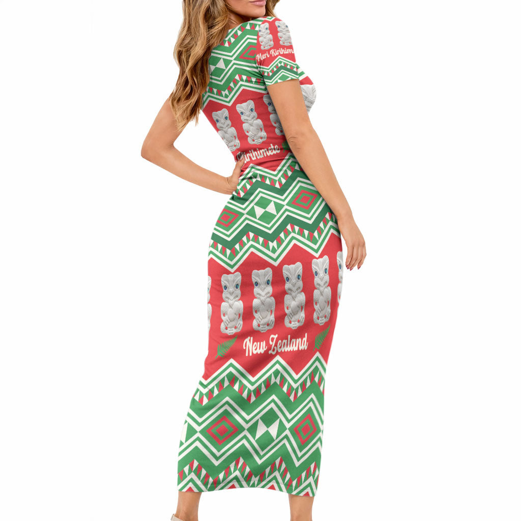 New Zealand Christmas In July Short Sleeve Bodycon Dress Meri Kirihimete Hei Tiki Taniko Motifs Seamless LT14 - Polynesian Pride