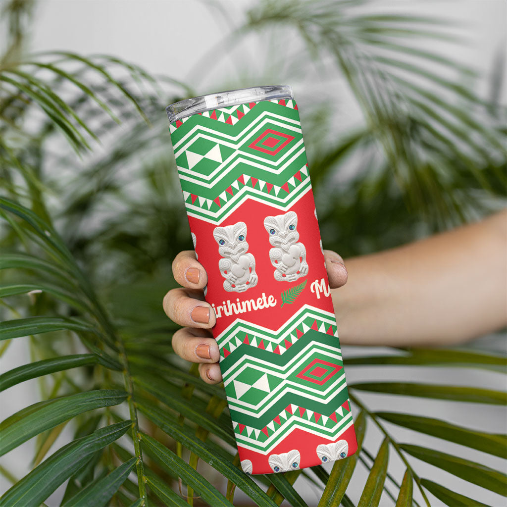 New Zealand Christmas In July Skinny Tumbler Meri Kirihimete Hei Tiki Taniko Motifs Seamless