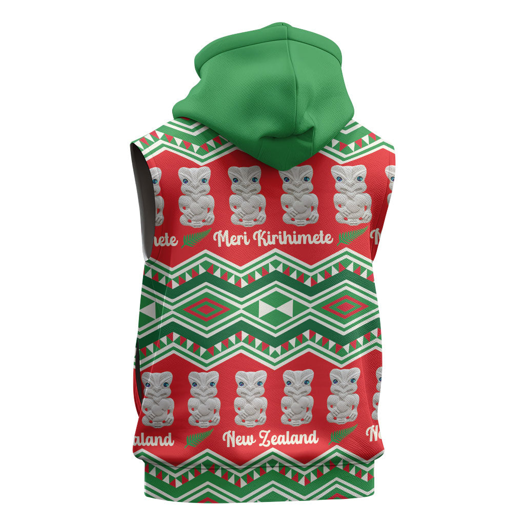 New Zealand Christmas In July Sleeveless Hoodie Meri Kirihimete Hei Tiki Taniko Motifs Seamless