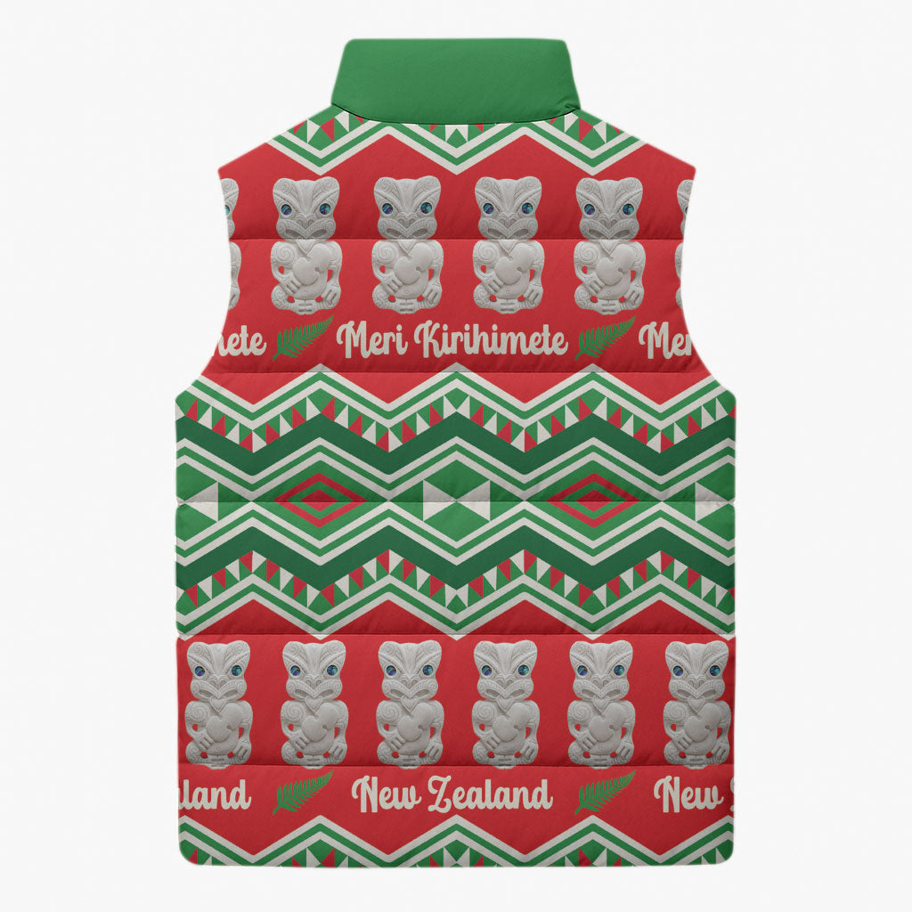 New Zealand Christmas In July Sleeveless Puffer Jacket Meri Kirihimete Hei Tiki Taniko Motifs Seamless