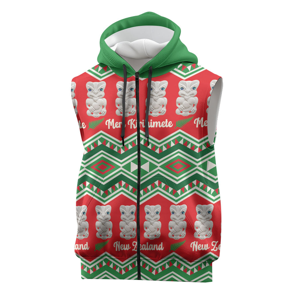 New Zealand Christmas In July Sleeveless Zip Hoodie Meri Kirihimete Hei Tiki Taniko Motifs Seamless LT14 Red - Polynesian Pride