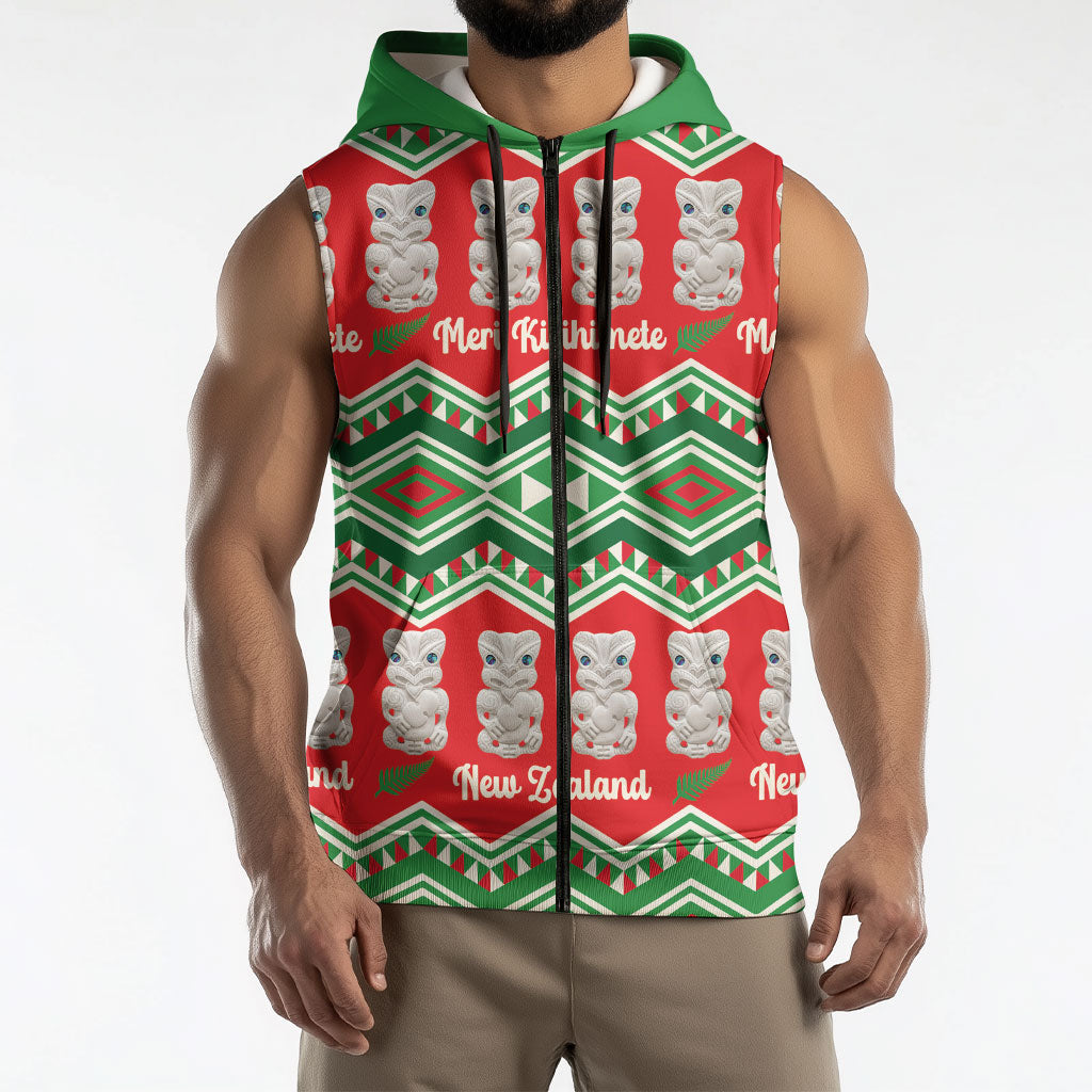 New Zealand Christmas In July Sleeveless Zip Hoodie Meri Kirihimete Hei Tiki Taniko Motifs Seamless