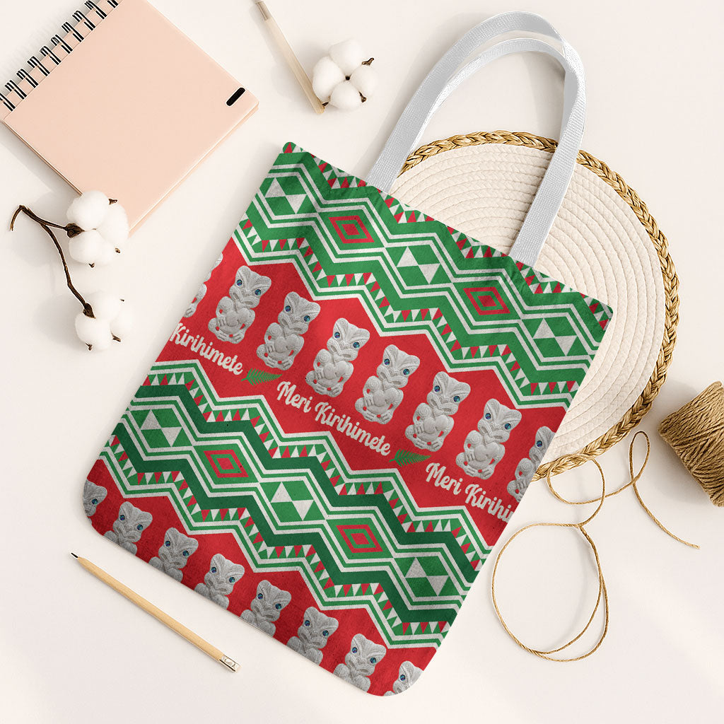New Zealand Christmas In July Tote Bag Meri Kirihimete Hei Tiki Taniko Motifs Seamless