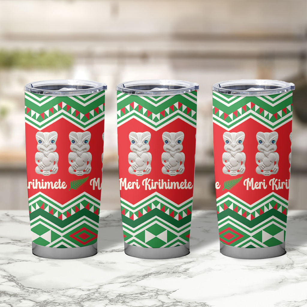 New Zealand Christmas In July Tumbler Cup Meri Kirihimete Hei Tiki Taniko Motifs Seamless