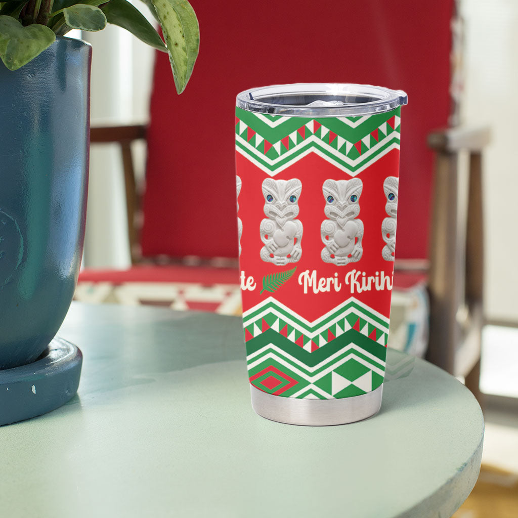 New Zealand Christmas In July Tumbler Cup Meri Kirihimete Hei Tiki Taniko Motifs Seamless