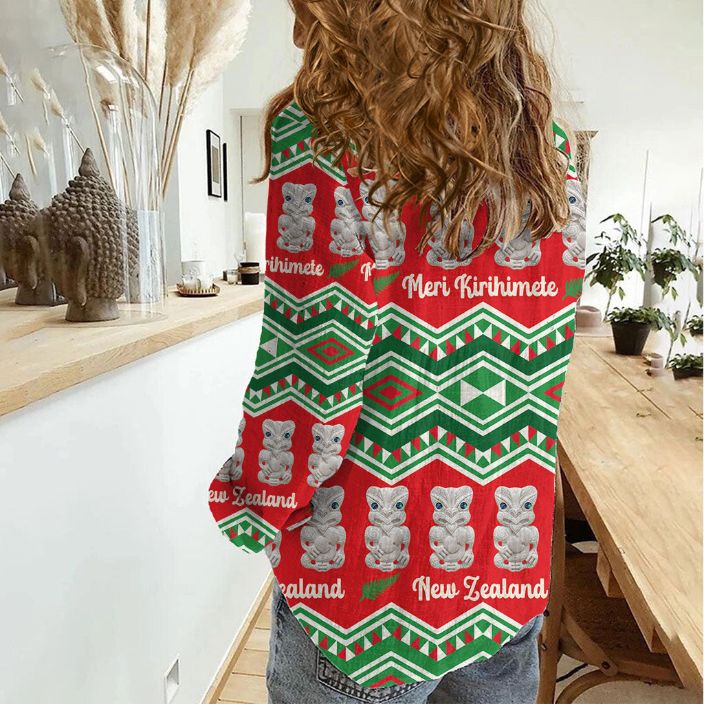 New Zealand Christmas In July Women Casual Shirt Meri Kirihimete Hei Tiki Taniko Motifs Seamless