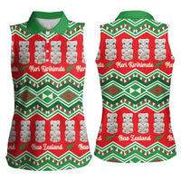 New Zealand Christmas In July Women Sleeveless Polo Shirt Meri Kirihimete Hei Tiki Taniko Motifs Seamless