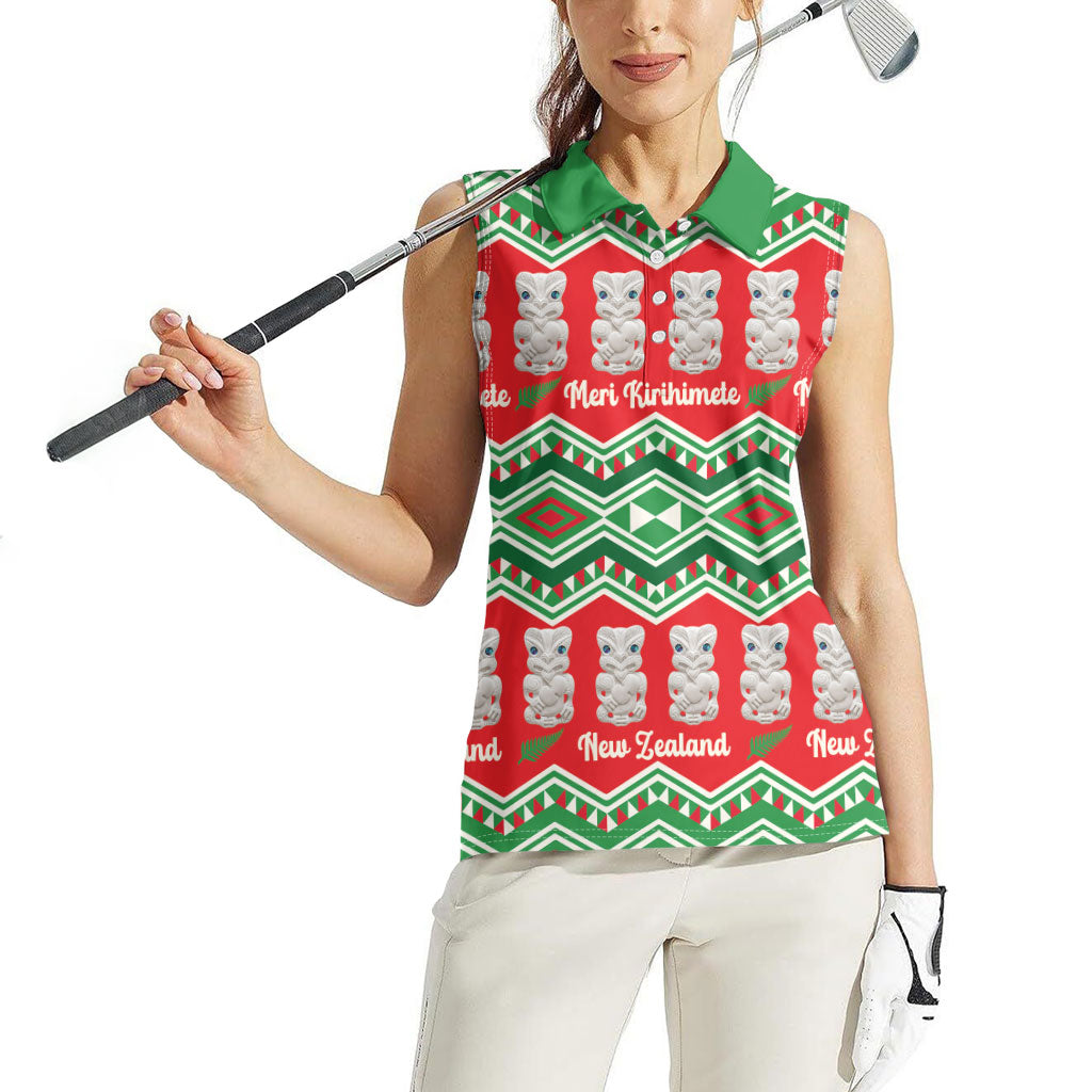 New Zealand Christmas In July Women Sleeveless Polo Shirt Meri Kirihimete Hei Tiki Taniko Motifs Seamless