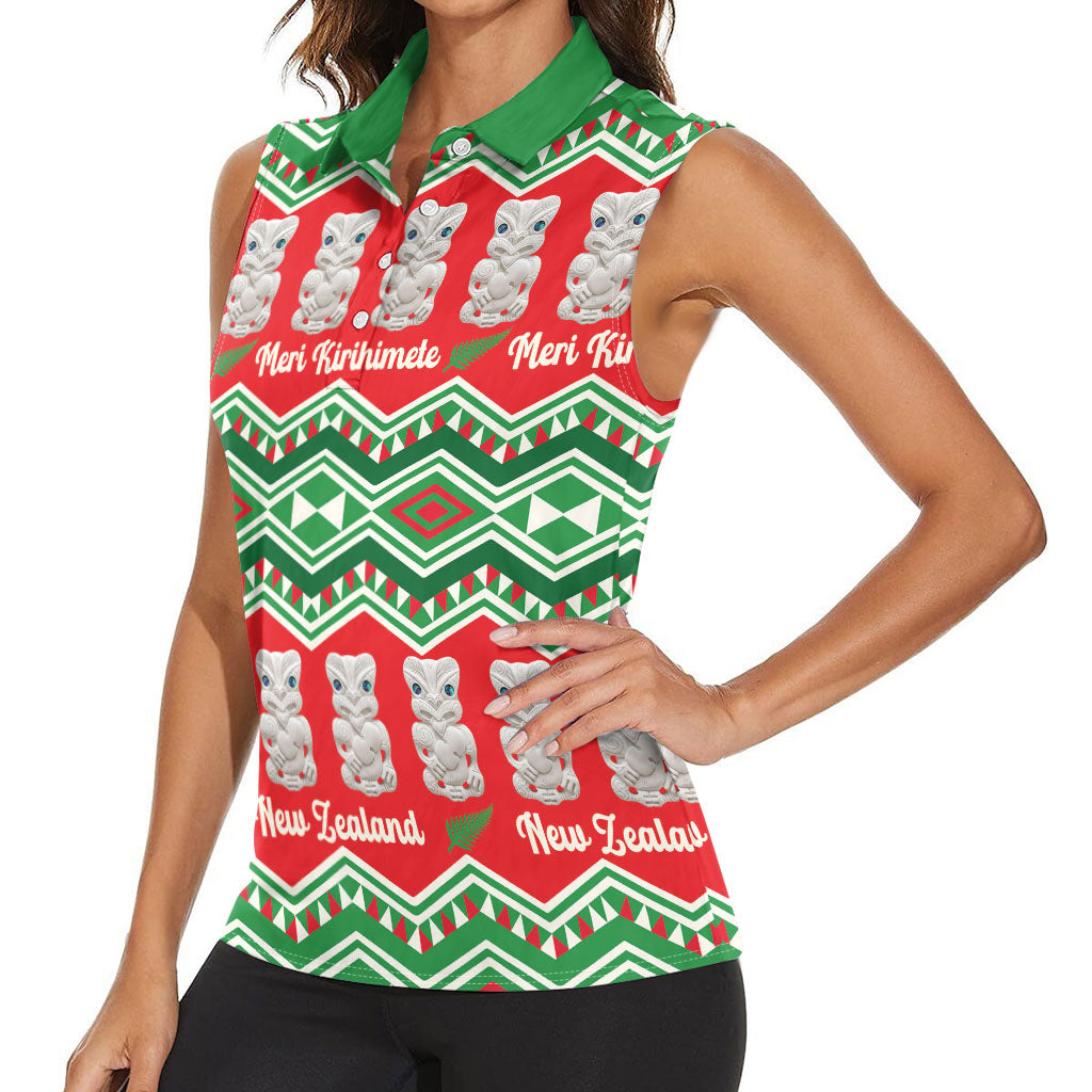 New Zealand Christmas In July Women Sleeveless Polo Shirt Meri Kirihimete Hei Tiki Taniko Motifs Seamless