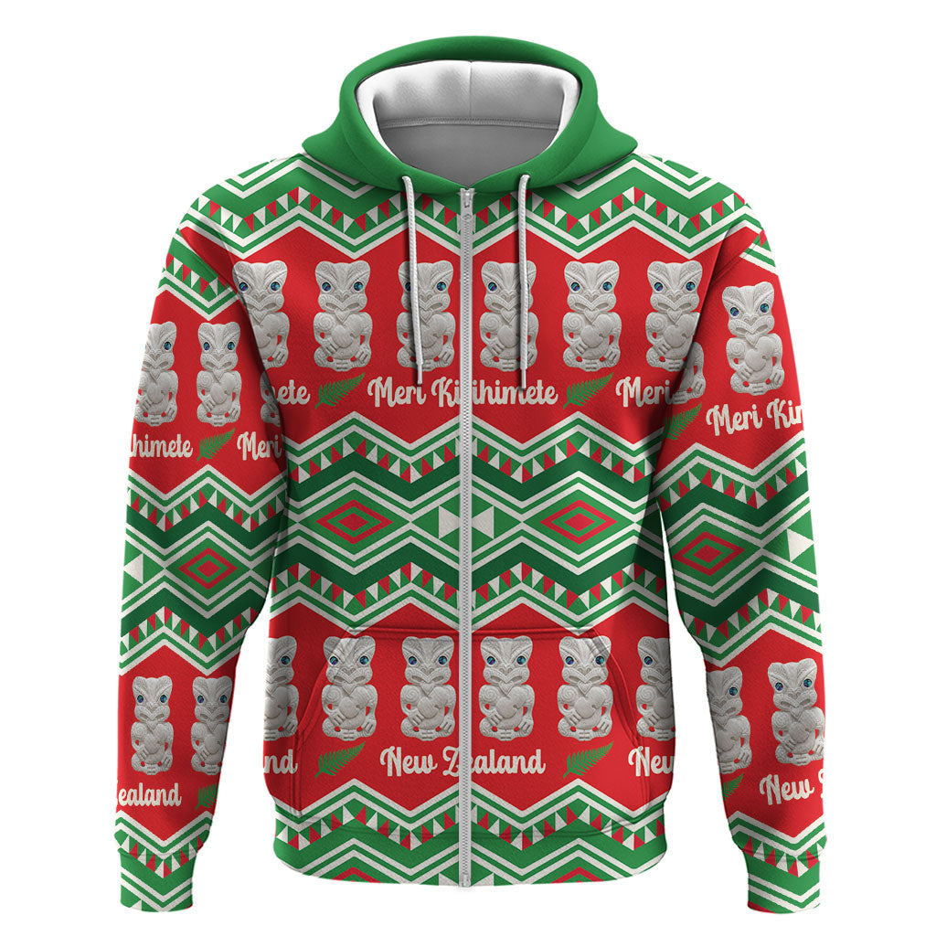 New Zealand Christmas In July Zip Hoodie Meri Kirihimete Hei Tiki Taniko Motifs Seamless