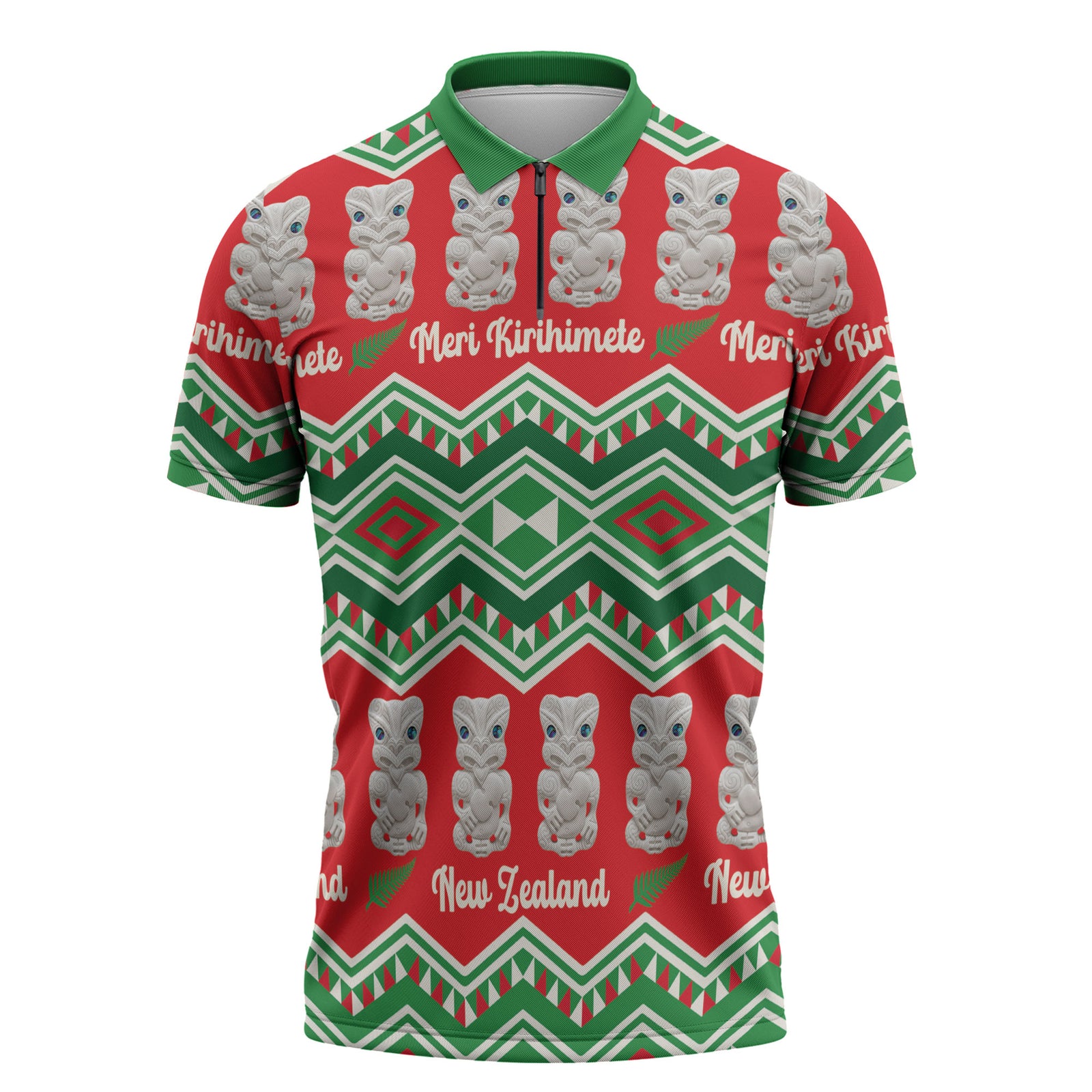 New Zealand Christmas In July Zipper Polo Shirt Meri Kirihimete Hei Tiki Taniko Motifs Seamless LT14 Red - Polynesian Pride