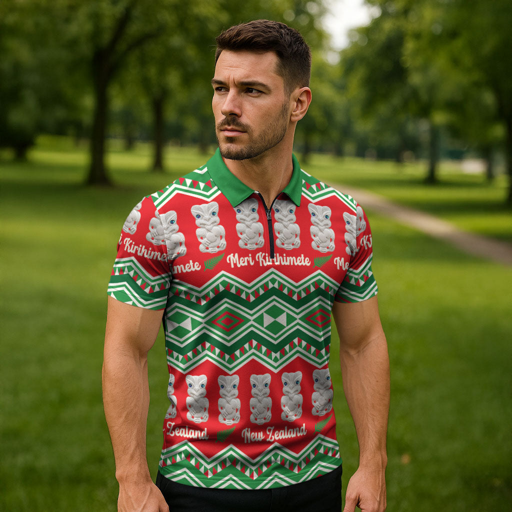 New Zealand Christmas In July Zipper Polo Shirt Meri Kirihimete Hei Tiki Taniko Motifs Seamless