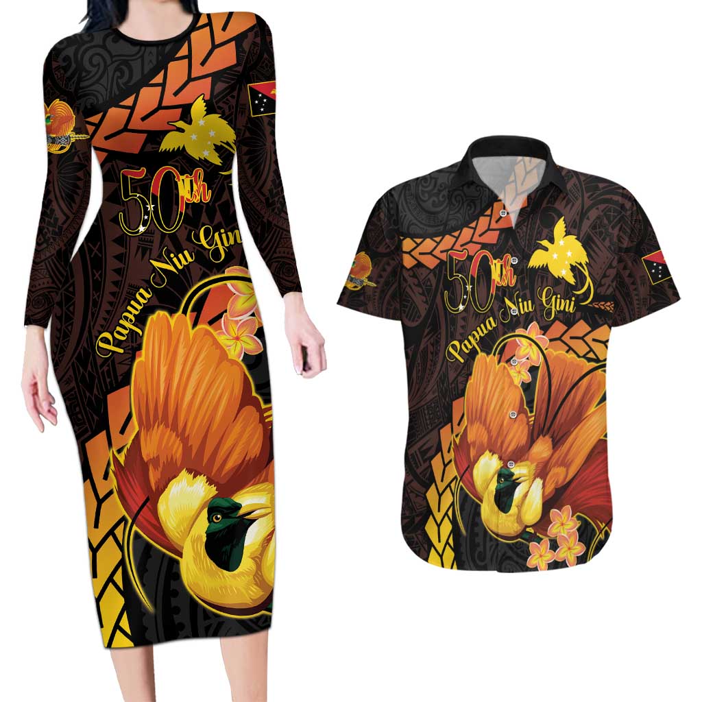 Papua New Guinea Independence Day Couples Matching Long Sleeve Bodycon Dress and Hawaiian Shirt 50th Anniversary Papua Niu Gini Bird Of Paradise LT14
