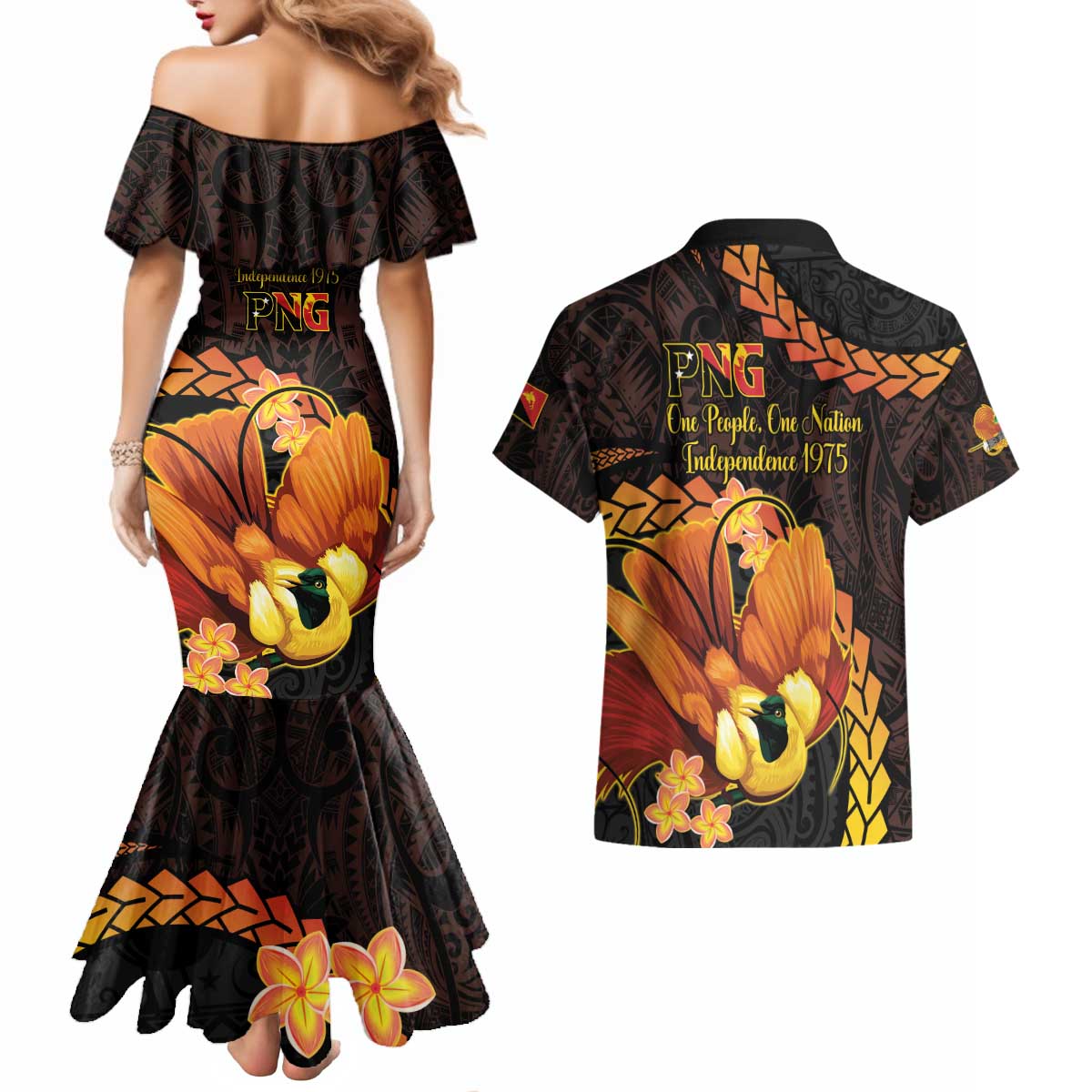 Papua New Guinea Independence Day Couples Matching Mermaid Dress and Hawaiian Shirt 50th Anniversary Papua Niu Gini Bird Of Paradise LT14