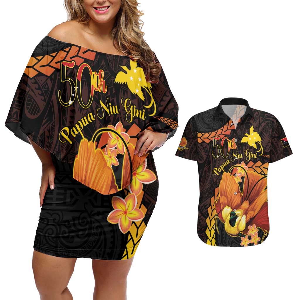 Papua New Guinea Independence Day Couples Matching Off Shoulder Short Dress and Hawaiian Shirt 50th Anniversary Papua Niu Gini Bird Of Paradise LT14