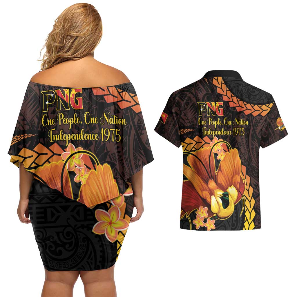 Papua New Guinea Independence Day Couples Matching Off Shoulder Short Dress and Hawaiian Shirt 50th Anniversary Papua Niu Gini Bird Of Paradise LT14
