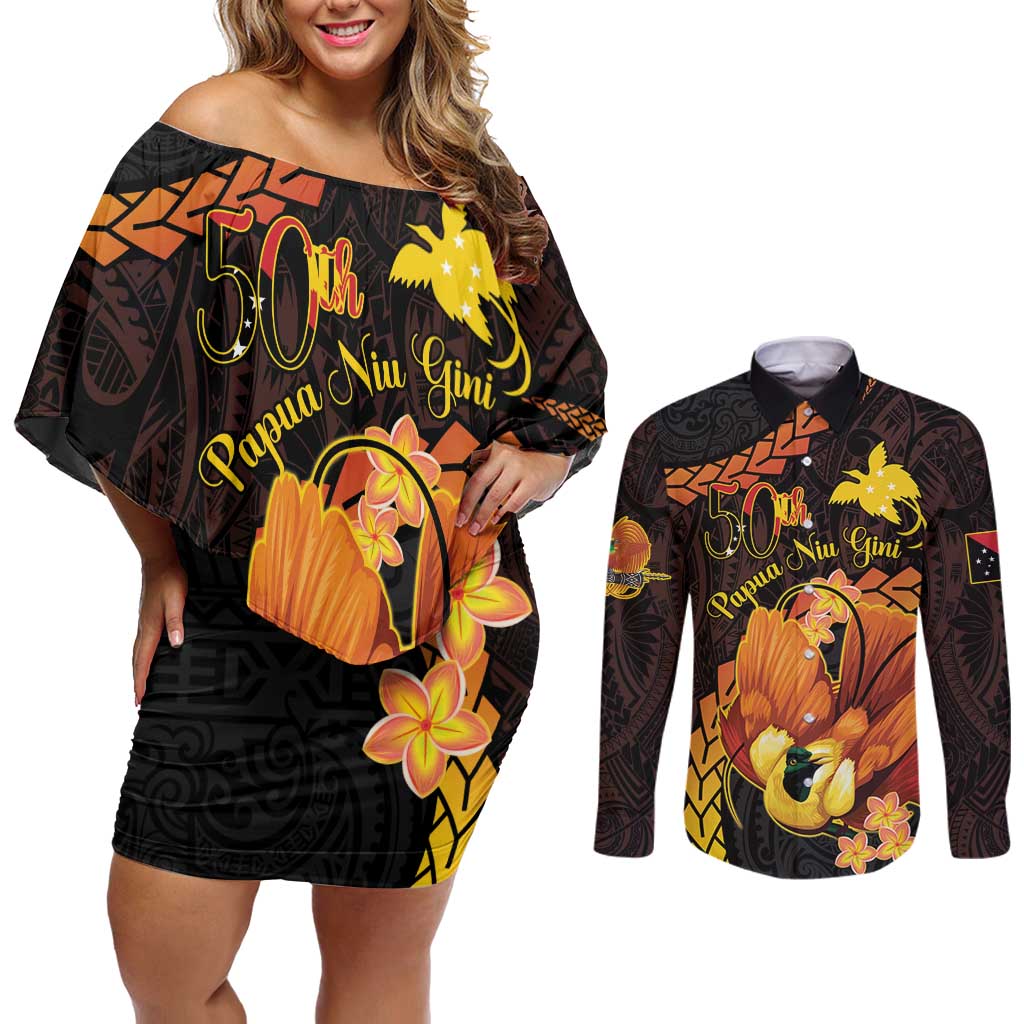 Papua New Guinea Independence Day Couples Matching Off Shoulder Short Dress and Long Sleeve Button Shirt 50th Anniversary Papua Niu Gini Bird Of Paradise LT14