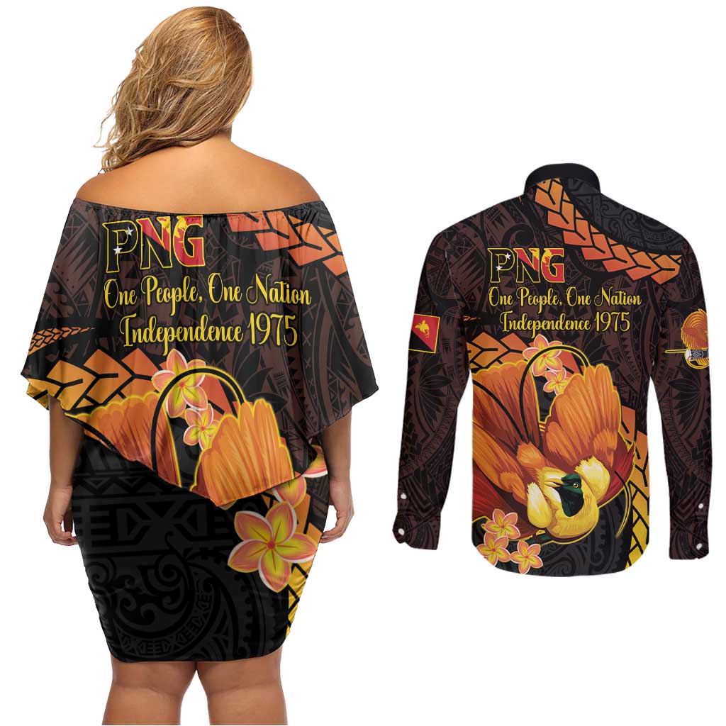 Papua New Guinea Independence Day Couples Matching Off Shoulder Short Dress and Long Sleeve Button Shirt 50th Anniversary Papua Niu Gini Bird Of Paradise LT14