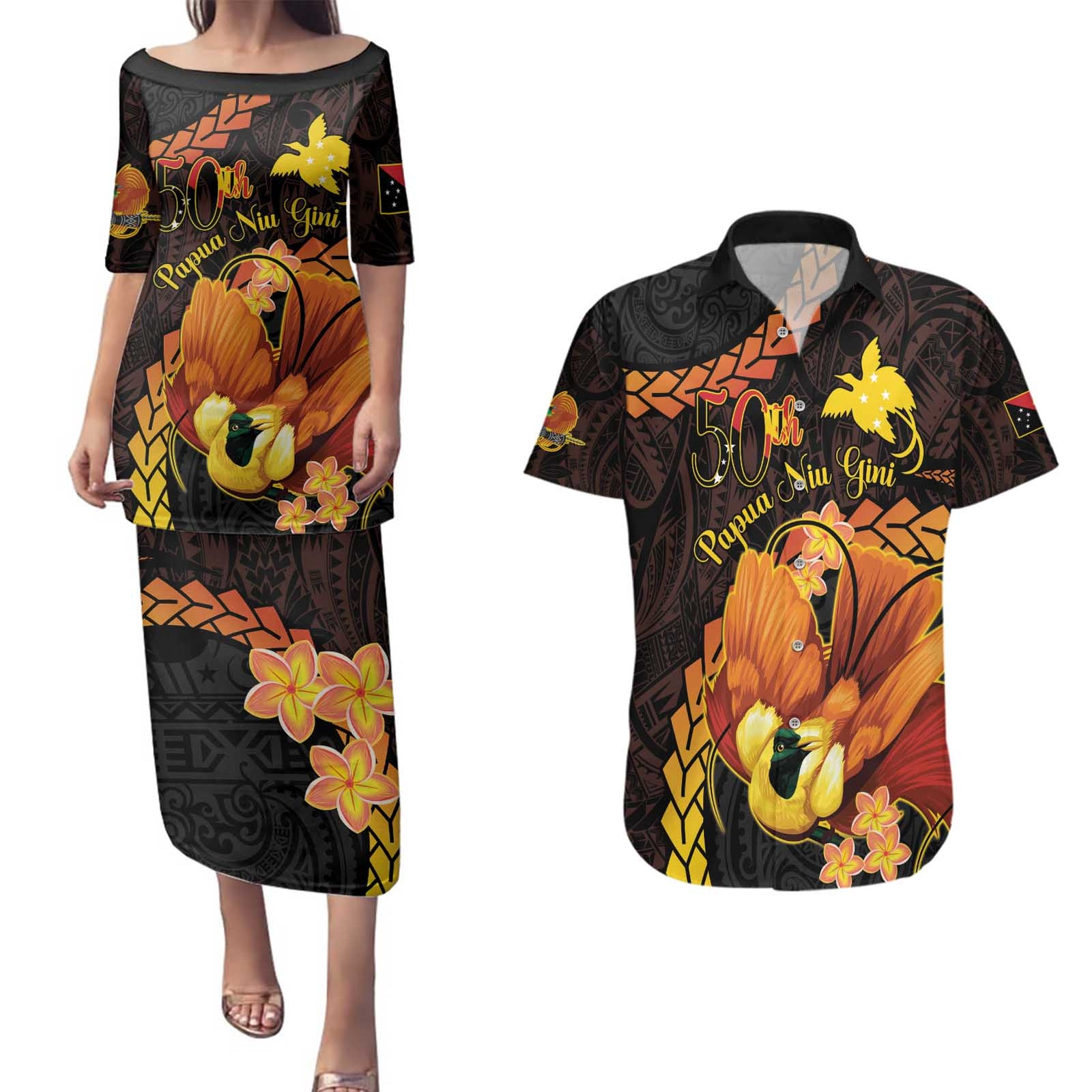 Papua New Guinea Independence Day Couples Matching Puletasi and Hawaiian Shirt 50th Anniversary Papua Niu Gini Bird Of Paradise LT14