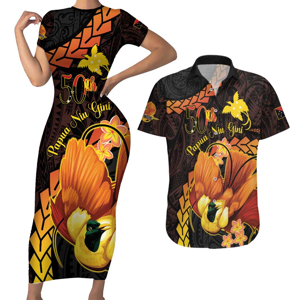 Papua New Guinea Independence Day Couples Matching Short Sleeve Bodycon Dress and Hawaiian Shirt 50th Anniversary Papua Niu Gini Bird Of Paradise LT14