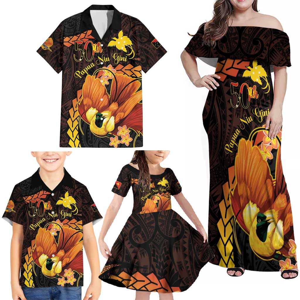 Papua New Guinea Independence Day Family Matching Off Shoulder Maxi Dress and Hawaiian Shirt 50th Anniversary Papua Niu Gini Bird Of Paradise LT14