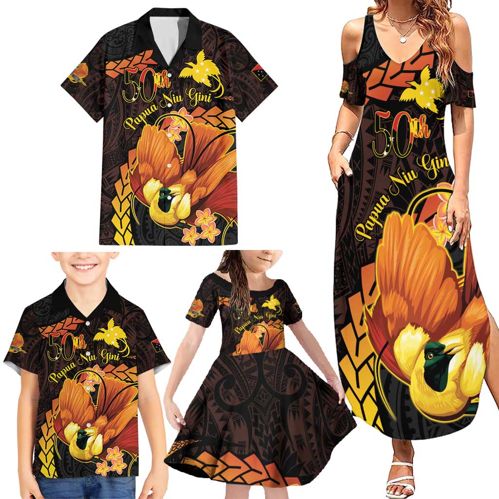 Papua New Guinea Independence Day Family Matching Summer Maxi Dress and Hawaiian Shirt 50th Anniversary Papua Niu Gini Bird Of Paradise LT14