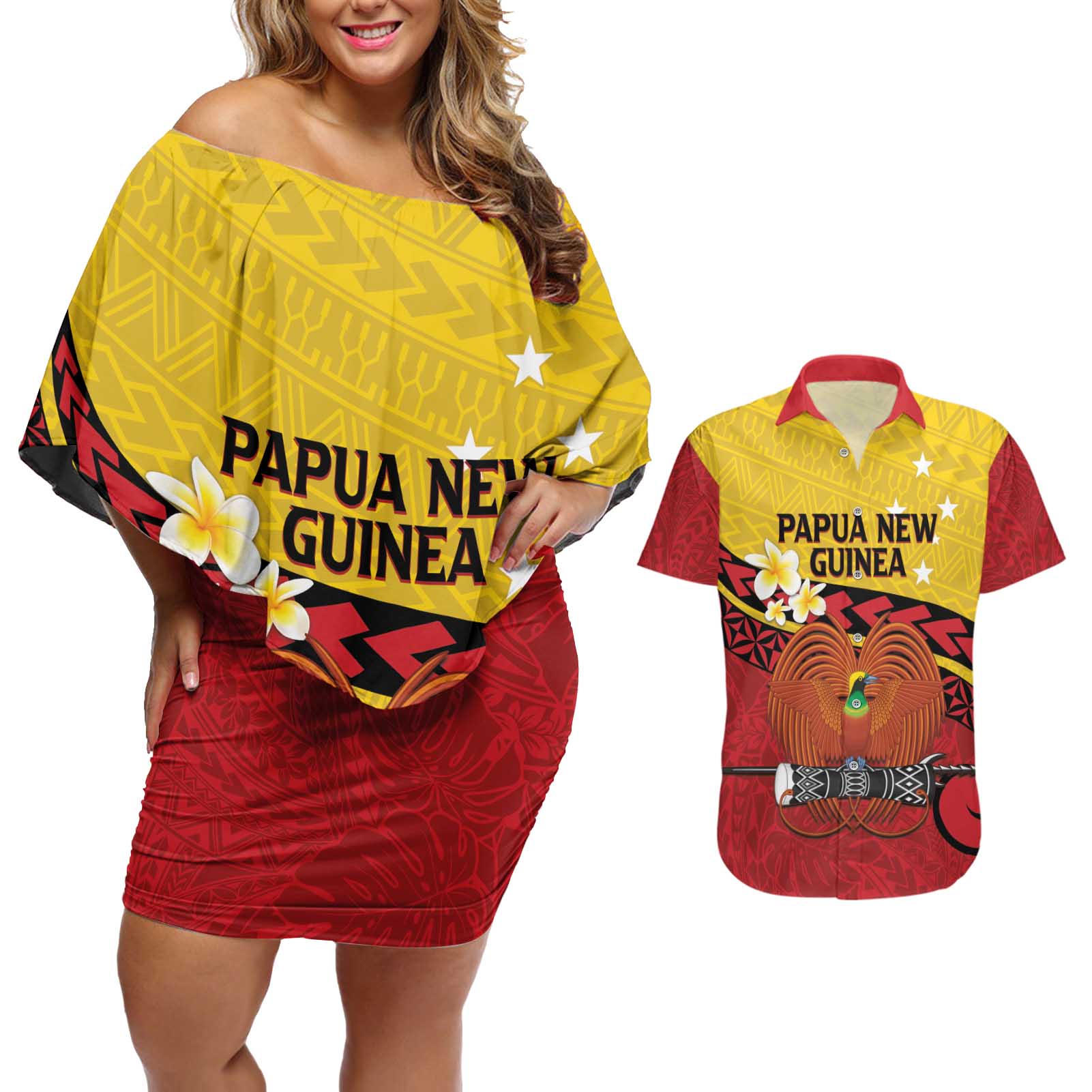 Papua New Guinea Independence Day Couples Matching Off Shoulder Short Dress and Hawaiian Shirt Since 1975 Unity In Diversity