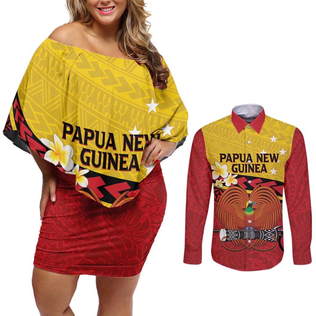 Papua New Guinea Independence Day Couples Matching Off Shoulder Short Dress and Long Sleeve Button Shirt Since 1975 Unity In Diversity