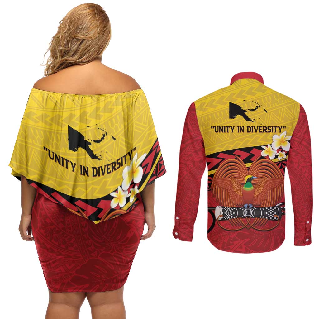 Papua New Guinea Independence Day Couples Matching Off Shoulder Short Dress and Long Sleeve Button Shirt Since 1975 Unity In Diversity