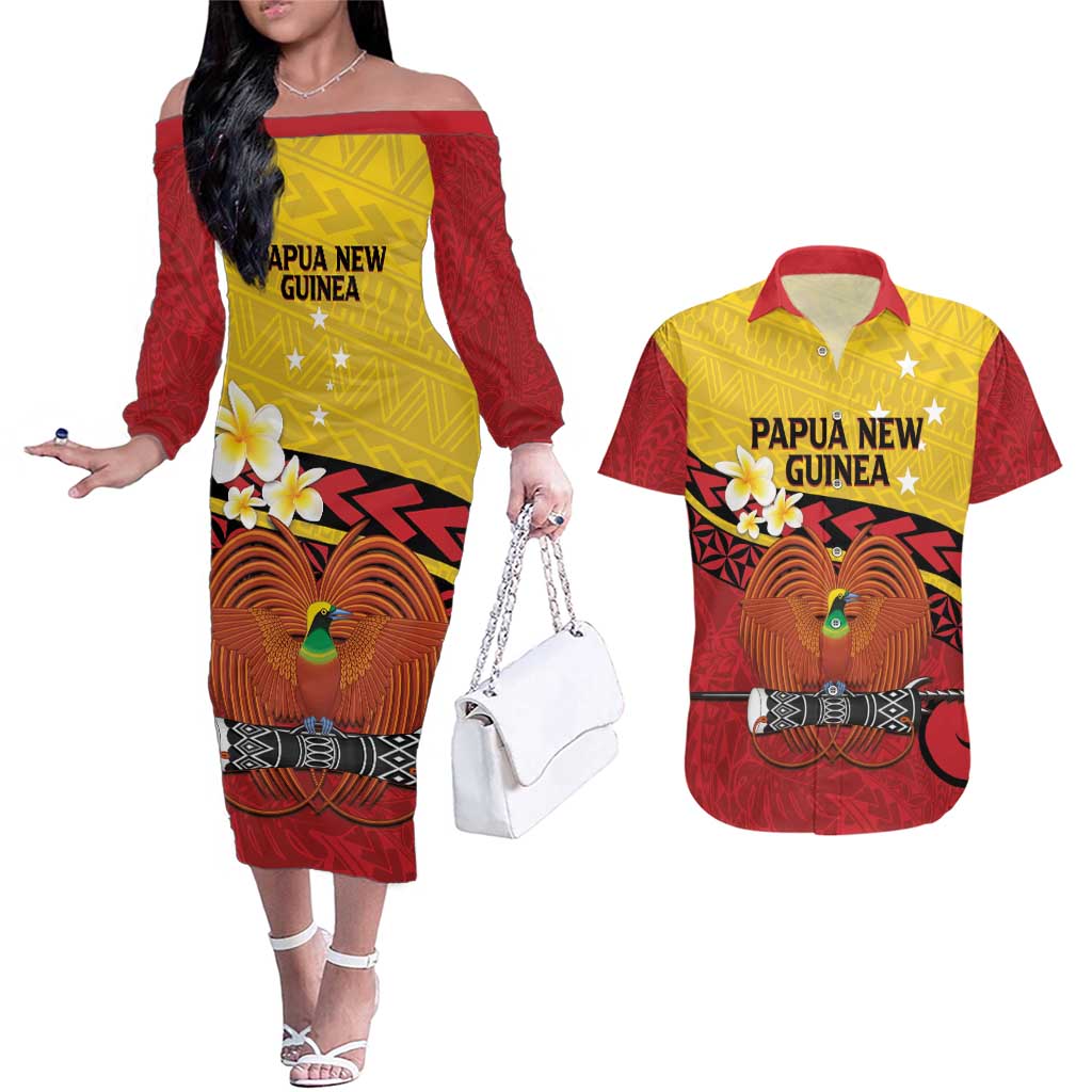 Papua New Guinea Independence Day Couples Matching Off The Shoulder Long Sleeve Dress and Hawaiian Shirt Since 1975 Unity In Diversity