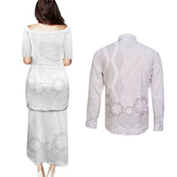 Tonga White Sunday Couples Matching Puletasi and Long Sleeve Button Shirt Manuia le Aso Sa o Tamaiti Heilala With Ngatu Pattern