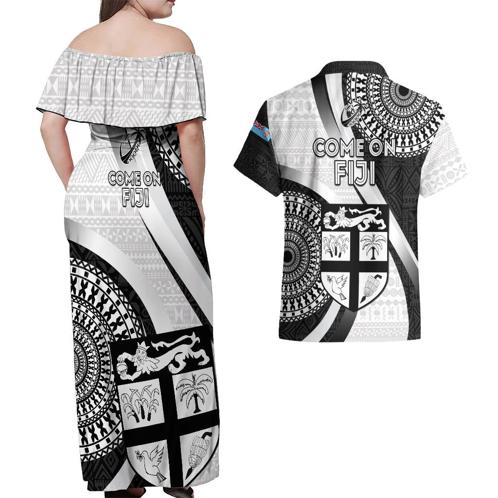 Fiji Rugby Couples Matching Off Shoulder Maxi Dress and Hawaiian Shirt World Cup 2023 Go Champions Fijian Tapa Black Version LT14 - Polynesian Pride